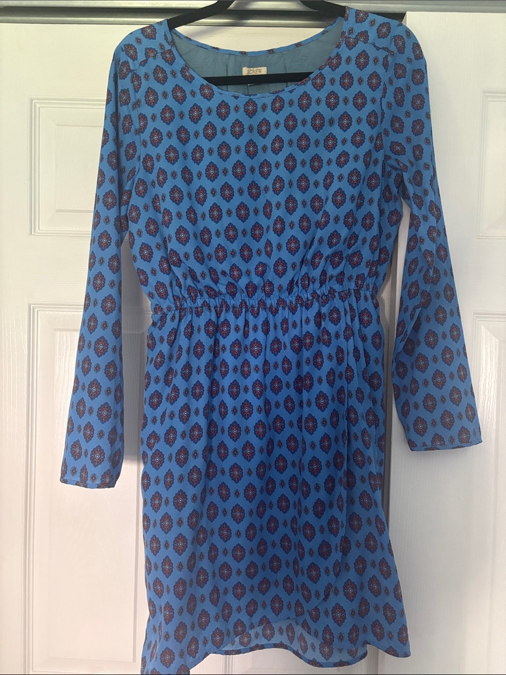 J. Crew Blue Printed Long-Sleeve Elastic Waist Dress with Navy Motif